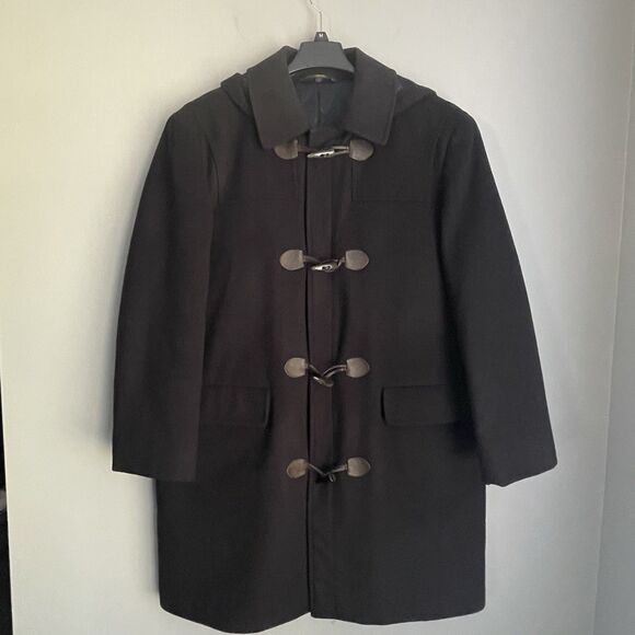 T Harris London Wool Duffel Coat Hooded Mens NO SIZE TAG L Black Toggle Full Zip - Picture 1 of 15